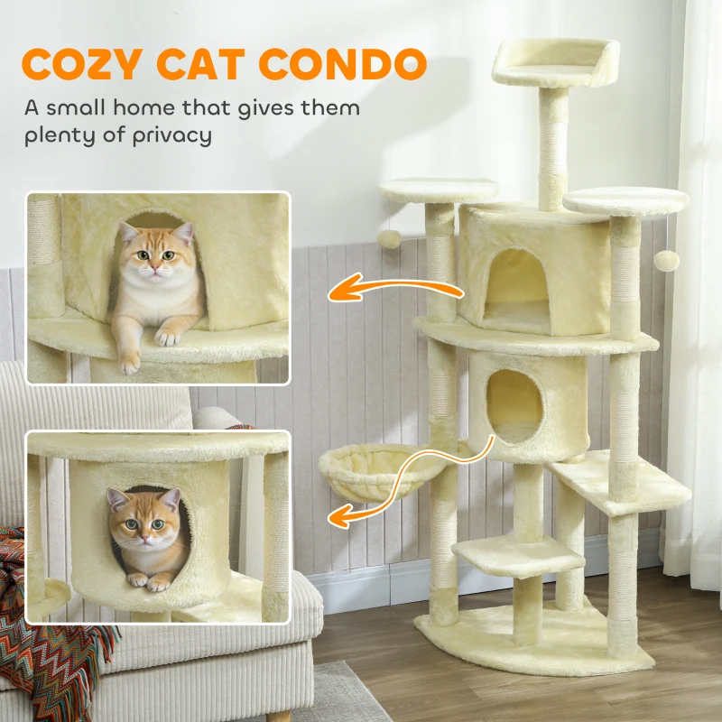 PawHut 62" Cat Tree with Scratching Post, 2 Condos, Hammock, Perches, Plush, Pompoms, for Indoor Cats, Beige
