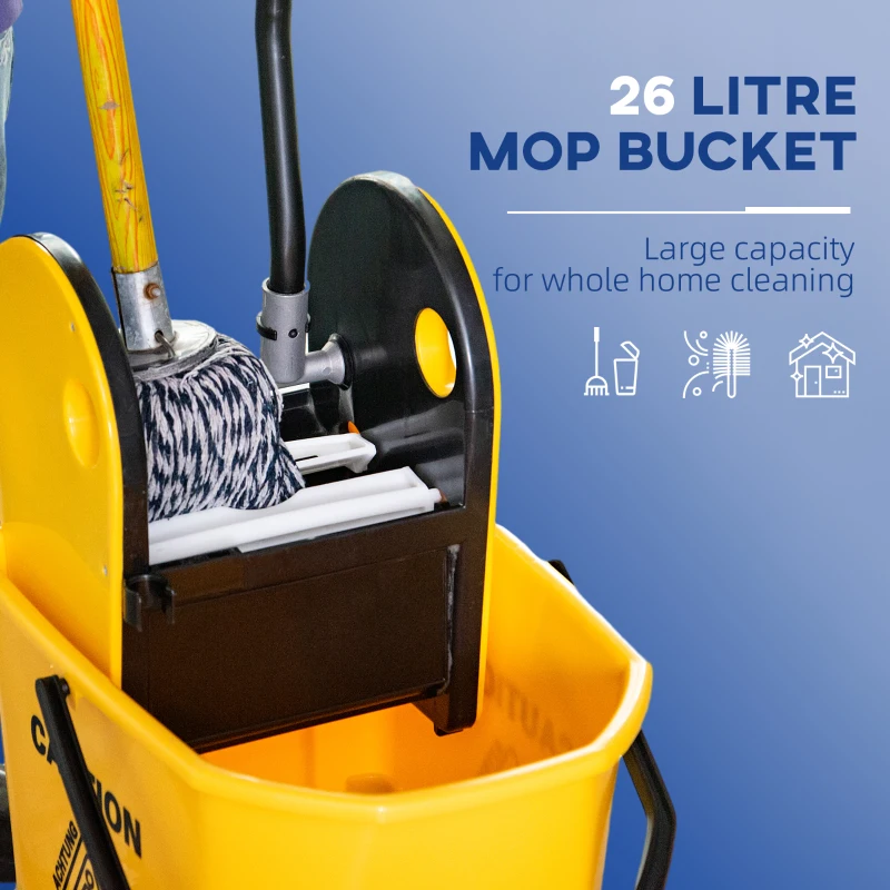 HOMCOM 6.9 Gal/26L Mop Bucket, Mop Bucket with Wringer, Wheels and Handle, Yellow