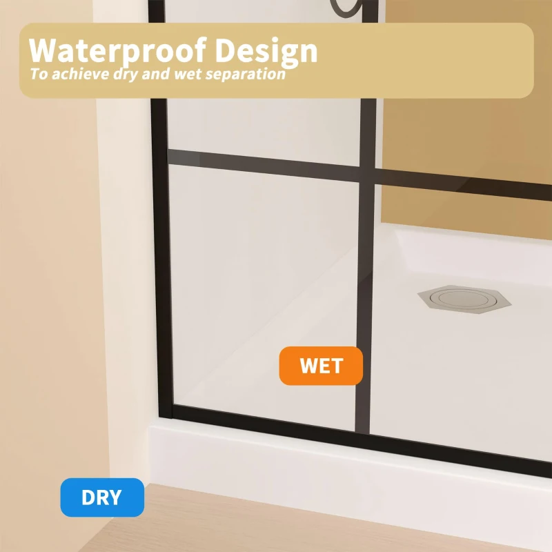 Framed Glass Shower Screen with Safety Film and Tempered Glass, Door with Stainless Steel Support Rod, 34" L x 0.5" W x 72" H, Matte Black