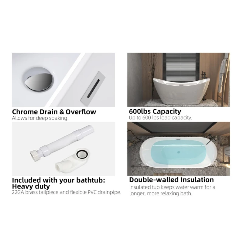 59" Freestanding Acrylic Tub with Adjustable Leveling Feet, Bathtub with Pop‑Up Drain & Chrome Overflow, 59" L x 29.5" W x 26" H, Gloss White