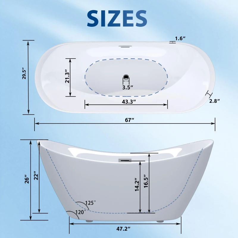 67" Acrylic Freestanding Tub with Adjustable Leveling Feet, Bathtub with Pop‑Up Drain & Overflow Included, 67" L x 29.5" W x 26" H, Gloss White