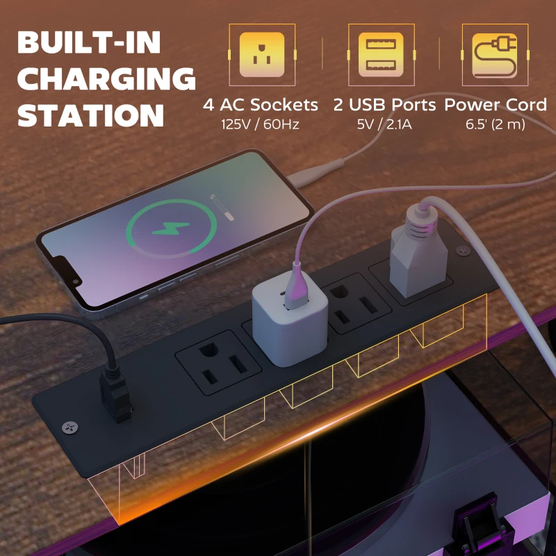 HOMCOM 96 Inch Gaming Desk, Dual Computer Desk for 2 Person with Power Outlets and Monitor Stands, Rustic Brown