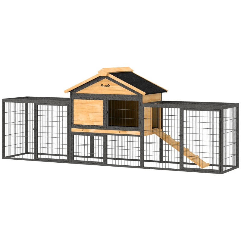 PawHut Rabbit Hutch Outdoor, 85"L Large Wooden Bunny Cage with Run Box, Removable Plastic Tray, Asphalt Roof, Ramp, Yellow