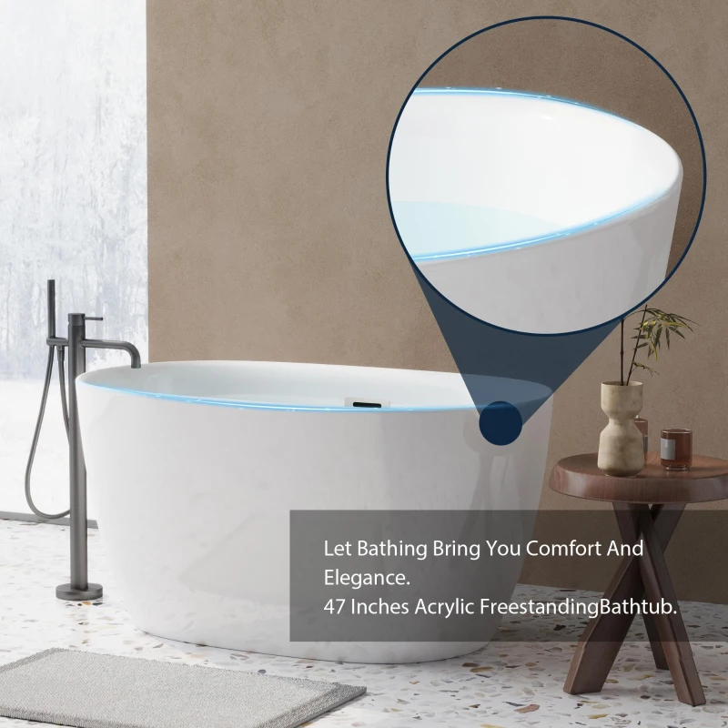 47" Acrylic Freestanding Oval Soaking Bathtub with High-Gloss Finish, Freestanding Tub with Flexible Drain Hose, 47" L x 28" W x 24" H, Gloss White