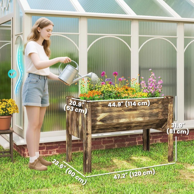 Outsunny Wooden Raised Garden Plant Stand Outdoor Tall Flower Bed Box with Hooks, 48" x 24" x 32", Carbonized