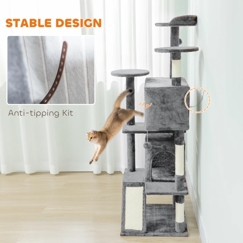PawHut 54" Cat Tree, Multi-Level Cat Tower with Scratching Posts, Cat Condos, Bed, Platforms, Ramp, Toy Ball, Light Grey