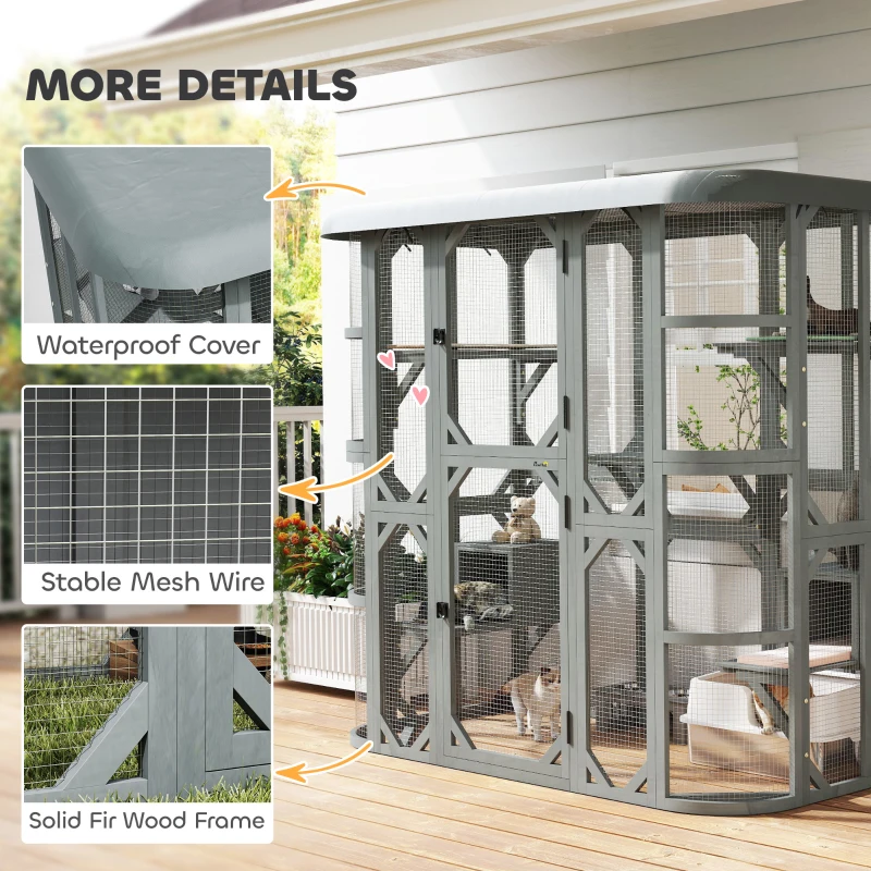 PawHut Catio Outdoor Cat Enclosure, 71" Wooden Cat House with Platforms, Condos and Waterproof Cover for 2–3 Kittens, Grey
