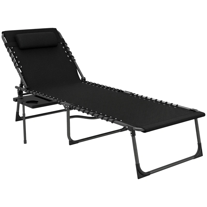 Outsunny Folding Lounge Chair, Outdoor Chaise Lounge Tanning Chair with Adjustable Back, Side Table, Headrest, Black