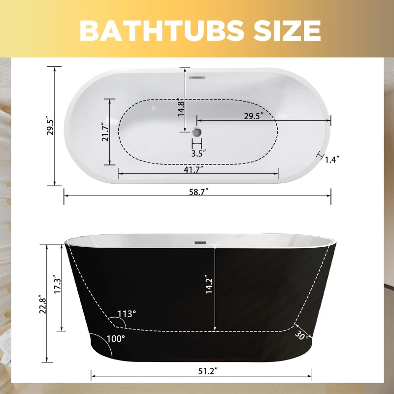 59" Acrylic Freestanding Soaking Bathtub with Double-Wall Insulation, Ergonomic Deep Tub for Heat Retention, 59" L x 29.5" W x 23" H, Black+White