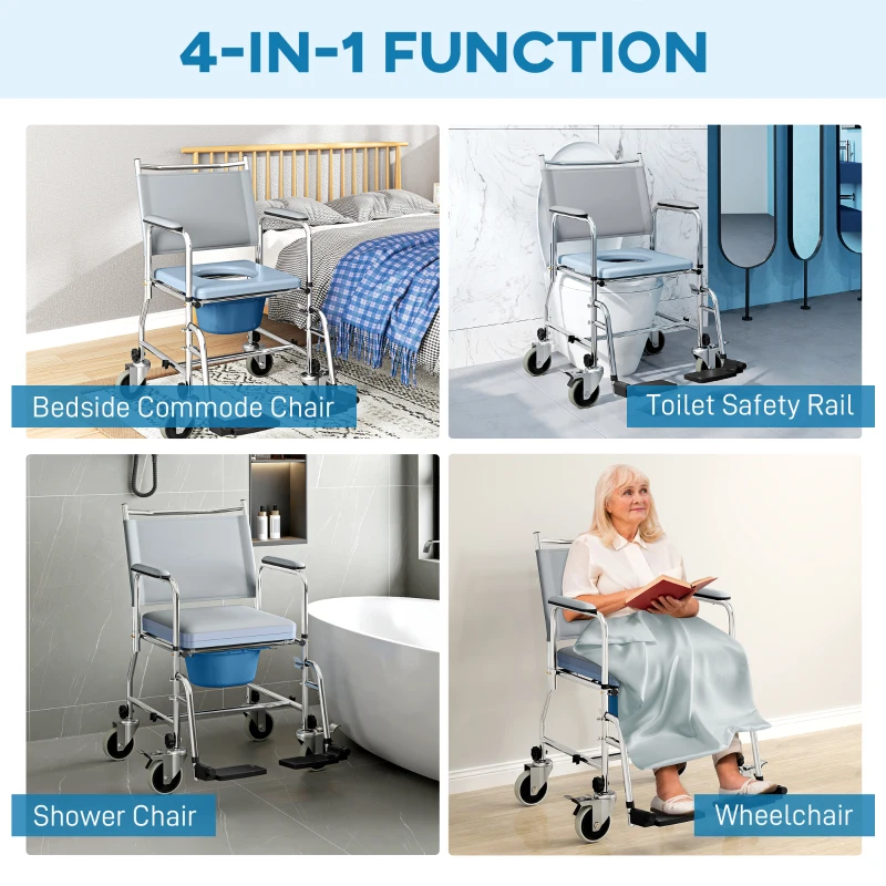 HOMCOM Rolling Shower Chair, Bedside Commode Wheelchair with Padded Seat, Backrest, for Seniors, Disabled, 300 lbs, Gray