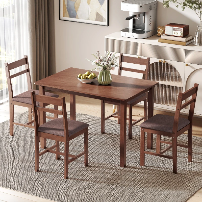 HOMCOM 5-Piece Solid Wood Dining Table Set for 4, Farmhouse Kitchen Table with Upholstered Chairs for Dining Room, Light Brown
