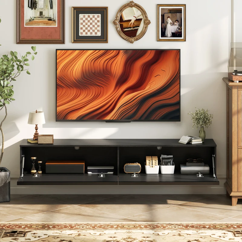 HOMCOM Wall Mounted TV Stand, Floating TV Cabinet with Storage, for TVs up to 70", High Gloss Effect, Black