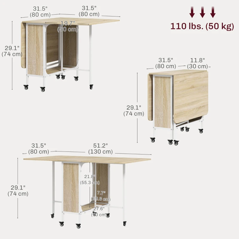 HOMCOM Folding Dining Table, Extendable Kitchen Table for Small Spaces with Storage Shelf and 6 Wheels, Natural Wood