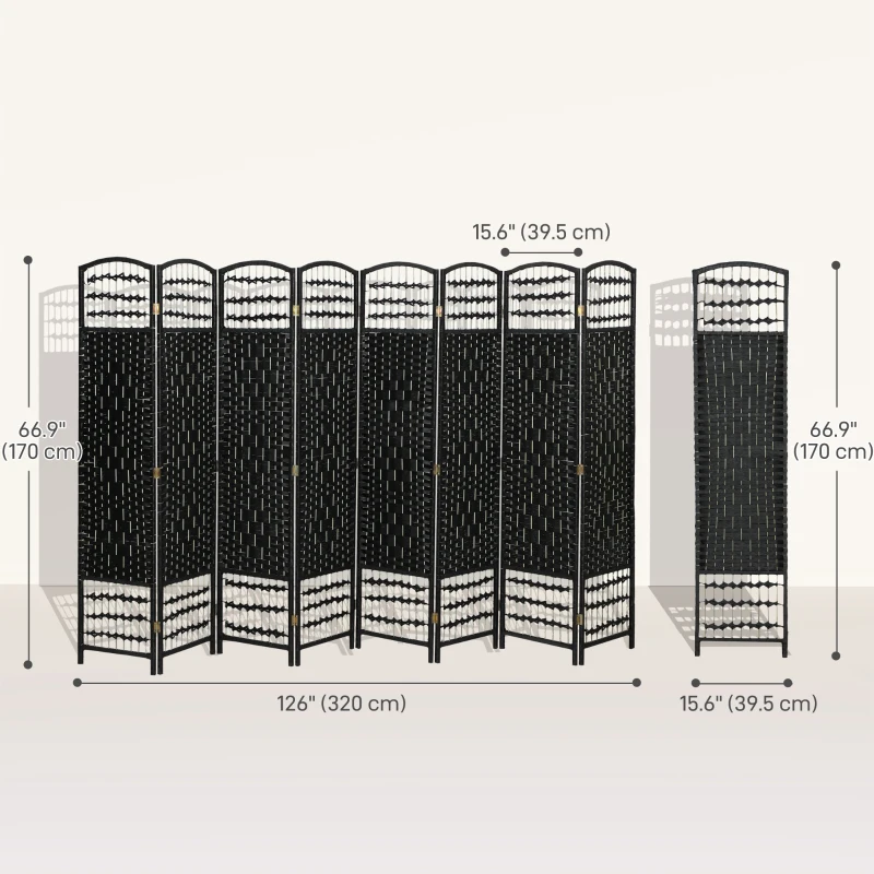 HOMCOM 8 Panel Folding Room Divider, Portable Privacy Screen, Wave Fiber Room Partition for Home Office, Black
