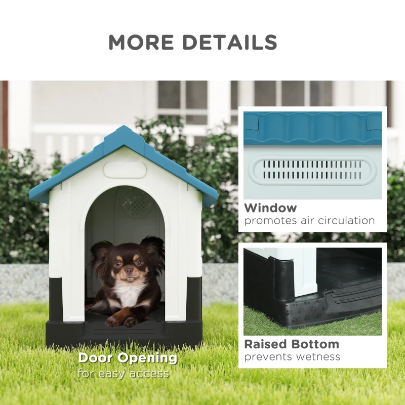 PawHut Outside Dog Kennel House with Windows, Base Support, for Garden Patio, Miniature Dogs, 64.5 x 57 x 66cm, Blue