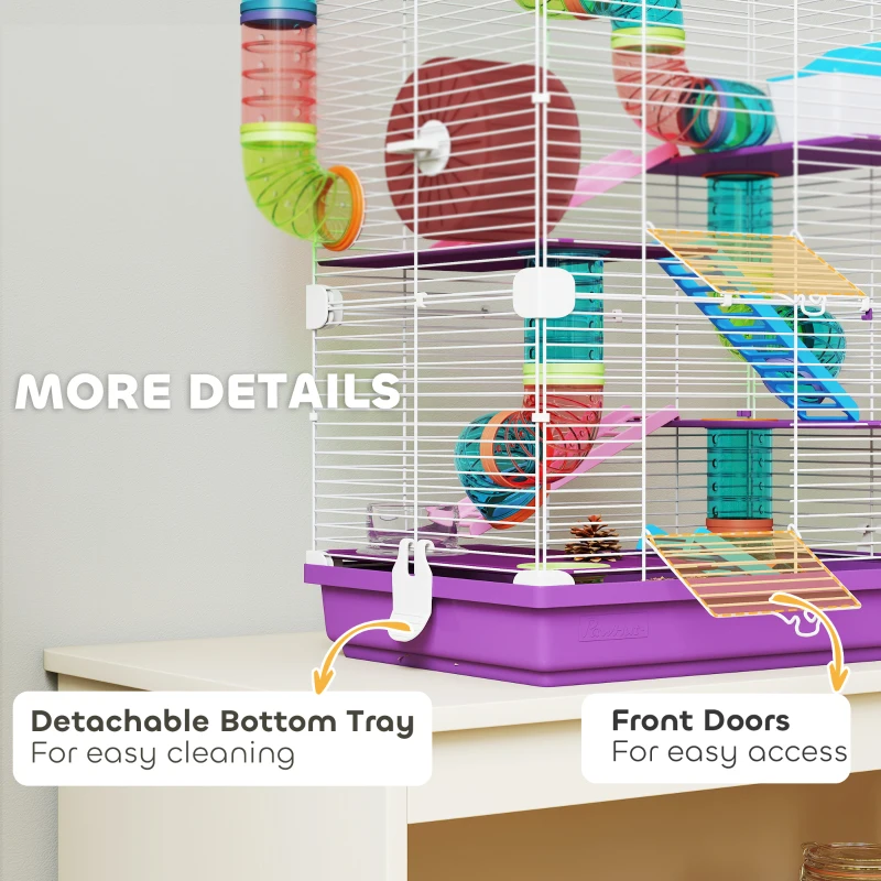 PawHut 5 Tiers Hamster Cage Portable with Exercise Wheels Play Tube Water Bottle Dishes House Ladder for Gerbils, Purple