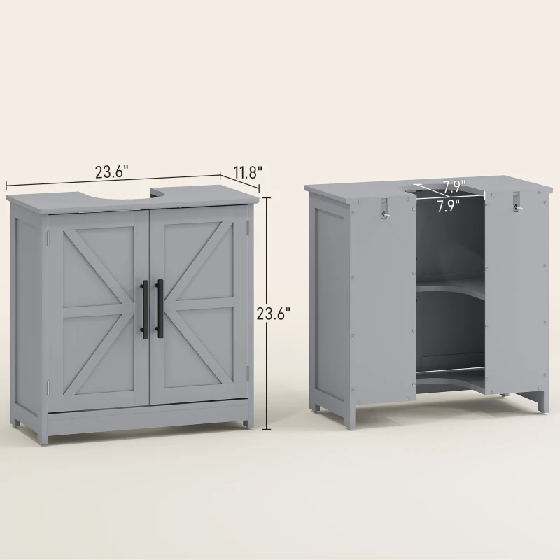 HOMCOM Farmhouse Pedestal Sink Storage Cabinet, Bathroom Sink Cabinet with 2 Barn Doors and Adjustable Shelf, Dark Gray