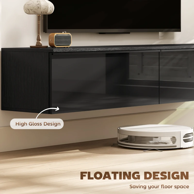 HOMCOM Wall Mounted TV Stand, Floating TV Cabinet with Storage, for TVs up to 70", High Gloss Effect, Black