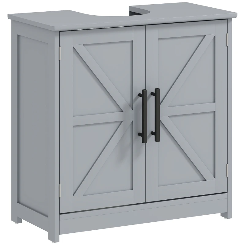 HOMCOM Farmhouse Pedestal Sink Storage Cabinet, Bathroom Sink Cabinet with 2 Barn Doors and Adjustable Shelf, Dark Gray