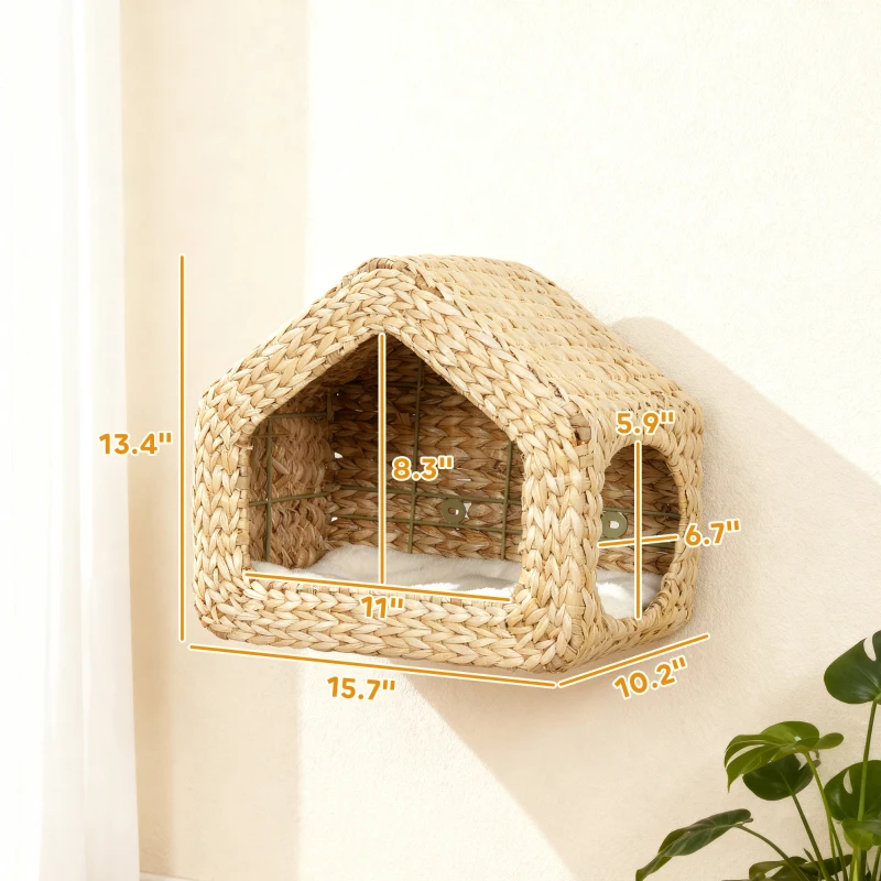 PawHut Wall Mounted Cat House, Cat Wall Furniture, Cat Wall Shelf with Washable Cushion, Natural