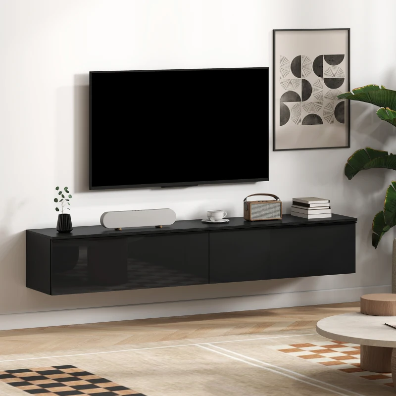 HOMCOM Wall Mounted TV Stand, Floating TV Cabinet with Storage, for TVs up to 70", High Gloss Effect, Black