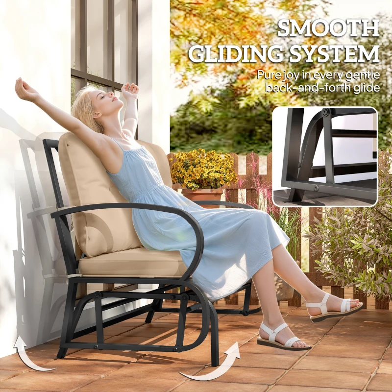 Outsunny 2-Person Outdoor Glider Chair, Patio Double Rocking Loveseat with Steel Frame and Cushions for Backyard, Garden and Porch, Khaki