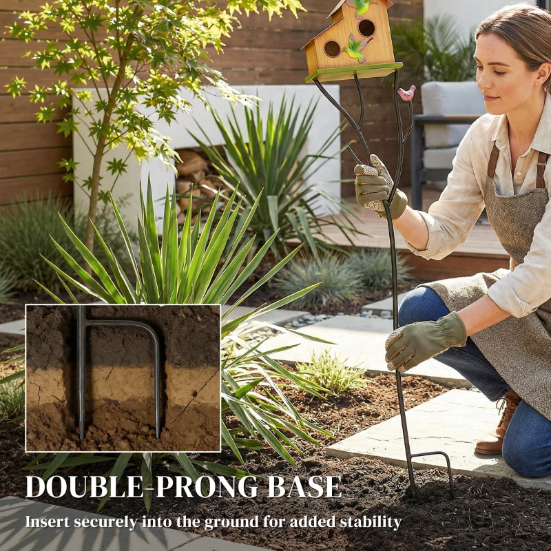 Outsunny 57" Outdoor Bird House with Pole, Metal Bird Houses for Outside, Double-Hole Birdhouse Outdoor Decoration, Yellow