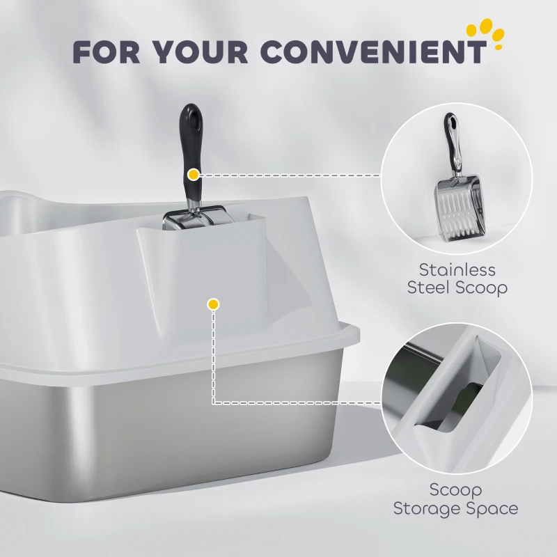 PawHut Cat Litter Box Stainless Steel with Metal Litter Scoop, Never Absorbs Odors, Anti Leakage, 24" x 16" x 12", Grey