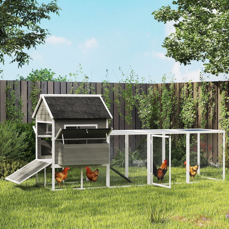 PawHut 137" Wooden Chicken Coop for 8-10 Chickens, Backyard, Dark Gray