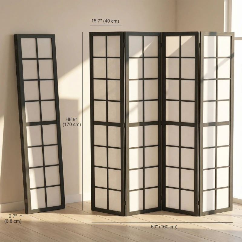 HOMCOM 4 Panel Room Divider, 5.6 ft Folding Wall Divider Room Partition for Home Office, Bedroom, Living Room, Black