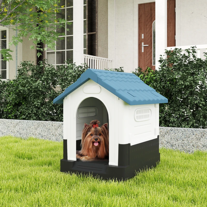 PawHut Outside Dog Kennel House with Windows, Base Support, for Garden Patio, Miniature Dogs, 64.5 x 57 x 66cm, Blue