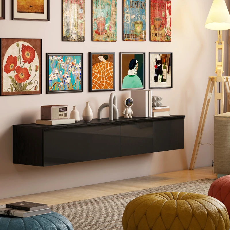 HOMCOM Wall Mounted TV Stand, Floating TV Cabinet with Storage, for TVs up to 70", High Gloss Effect, Black