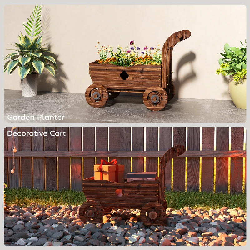 Outsunny Wagon Flower Planter Cart with Wheels, Garden Wagon with Handle for Outdoor Patio Yard, Carbonized