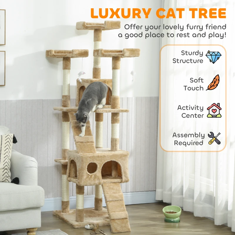 PawHut 68-inch Multi-Level Cat Scratching Tree Kitty Activity Center Post Tower Condo Pet Furniture w/ Toy Light Brown