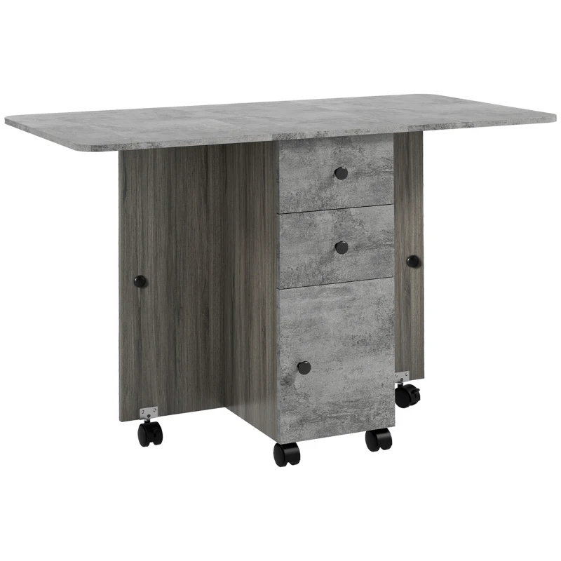 HOMCOM Drop Leaf Dining Table, Mobile Folding Table on Wheels with Drawers and Cabinet for Dining Room, Kitchen, Grey