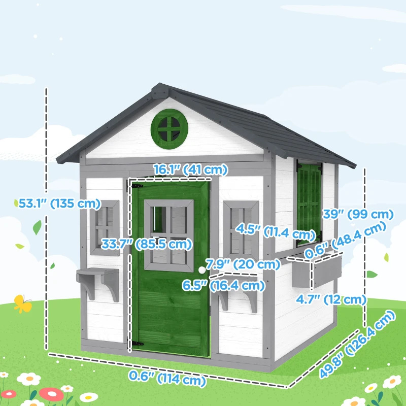 Outsunny Wooden Playhouse for Kids Outdoor with Door, Windows, Planter Pots and Boxes for Toddlers 3-8 Years, White