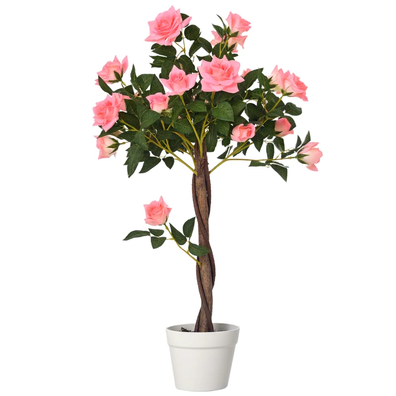 Outsunny 3FT Artificial Plant Pink Rose Floral in Pot, Fake Plant for Home Indoor Decor