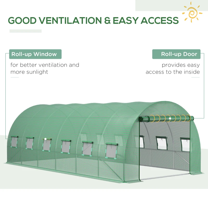 Outsunny 19.7' x 9.8' x 6.6' Plastic Greenhouse Cover Replacement, Heavy Duty Waterproof Tarp for Hoop House, Sheeting with 12 Windows, Door & Reinforcement Grid, Green