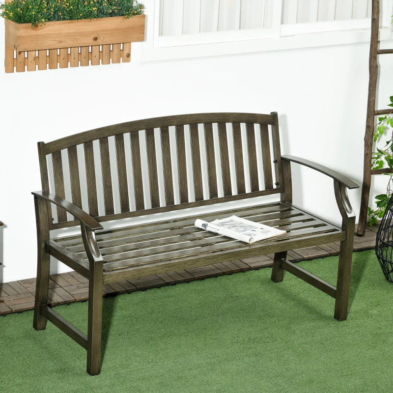 Outsunny Outdoor Garden Bench, Metal Bench, Wood Look Slatted Frame Furniture for Patio, Park, Porch, Lawn, Yard, Deck, Black