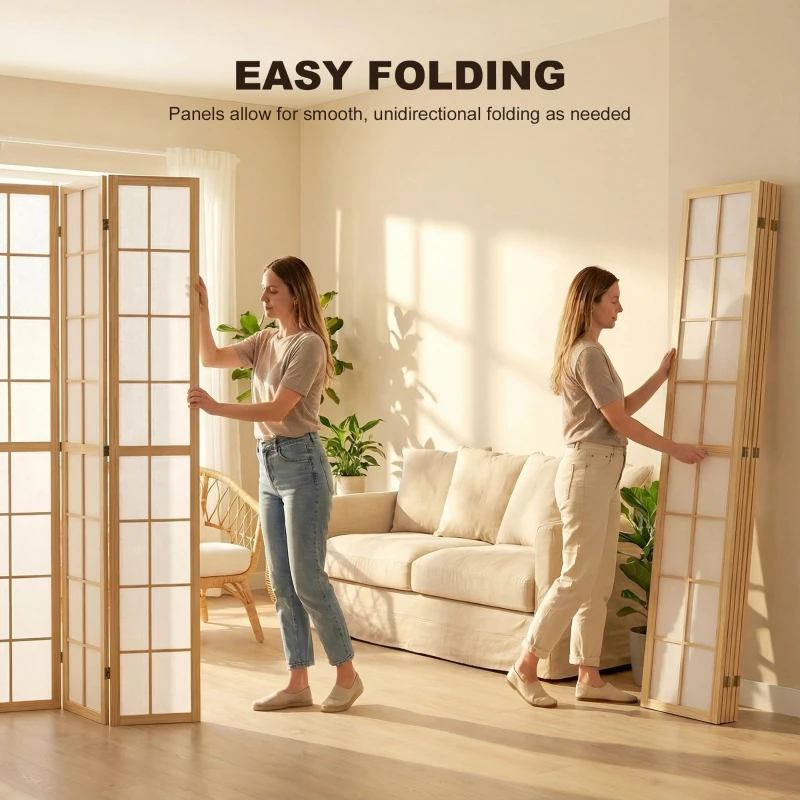 HOMCOM 6 Panel Room Divider, 5.6 ft Folding Wall Divider Room Partition for Home Office, Bedroom, Living Room, Natural Wood