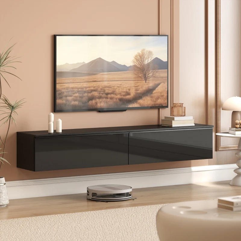 HOMCOM Wall Mounted TV Stand, Floating TV Cabinet with Storage, for TVs up to 70", High Gloss Effect, Black