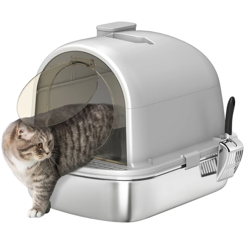 PawHut Enclosed Stainless Steel Litter Box, Metal Cat Litter Box with Scoop, Deodorizer Bag, Handle, Easy to Clean