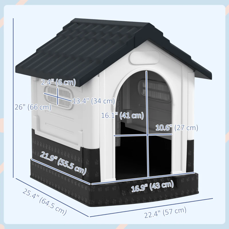 PawHut Outside Dog Kennel House with Windows, Base Support, for Garden Patio, Miniature Dogs, 64.5 x 57 x 66cm, Dark Grey