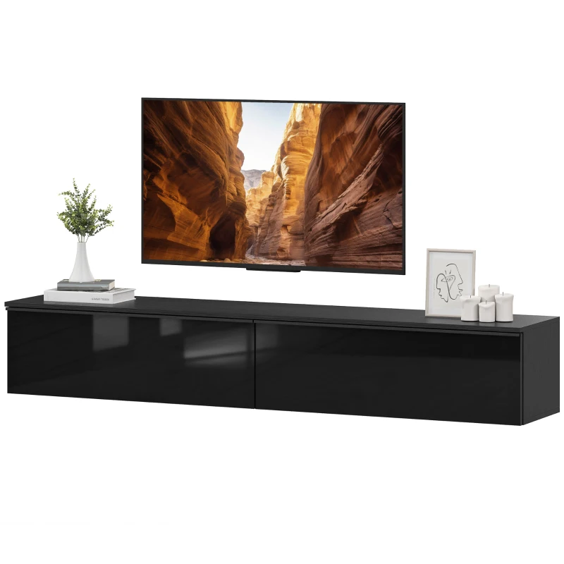 HOMCOM Wall Mounted TV Stand, Floating TV Cabinet with Storage, for TVs up to 70", High Gloss Effect, Black