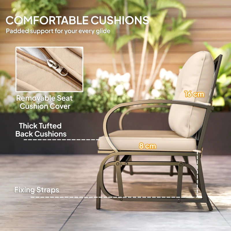 Outsunny 2-Person Outdoor Glider Chair, Patio Double Rocking Loveseat with Steel Frame and Cushions for Backyard, Garden and Porch, Khaki