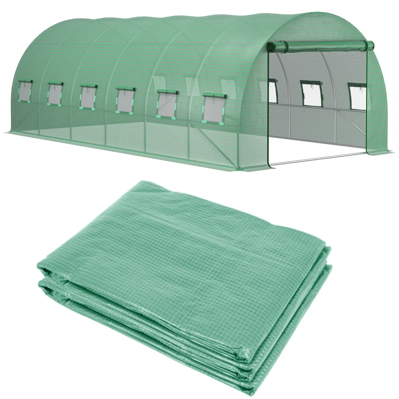 Outsunny 19.7' x 9.8' x 6.6' Plastic Greenhouse Cover Replacement, Heavy Duty Waterproof Tarp for Hoop House, Sheeting with 12 Windows, Door & Reinforcement Grid, Green