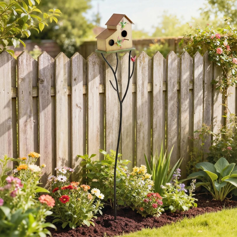 Outsunny 57" Outdoor Bird House with Pole, Metal Bird Houses for Outside, Double-Hole Birdhouse Outdoor Decoration, Yellow