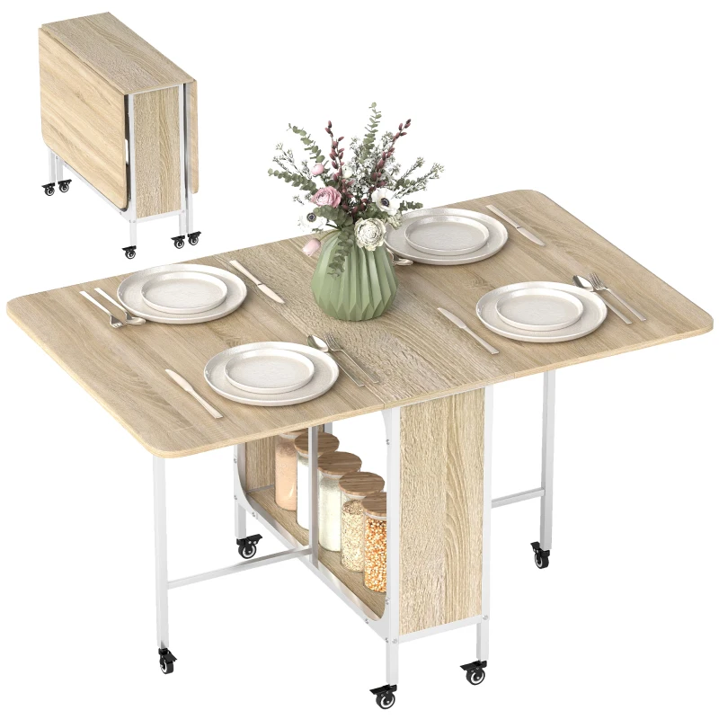 HOMCOM Folding Dining Table, Extendable Kitchen Table for Small Spaces with Storage Shelf and 6 Wheels, Natural Wood