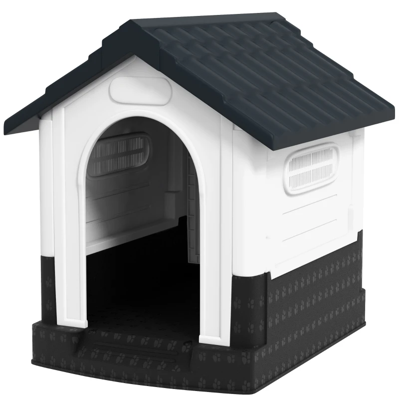 PawHut Outside Dog Kennel House with Windows, Base Support, for Garden Patio, Miniature Dogs, 64.5 x 57 x 66cm, Dark Grey