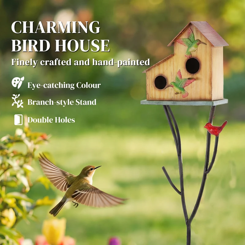 Outsunny 57" Outdoor Bird House with Pole, Metal Bird Houses for Outside, Double-Hole Birdhouse Outdoor Decoration, Yellow